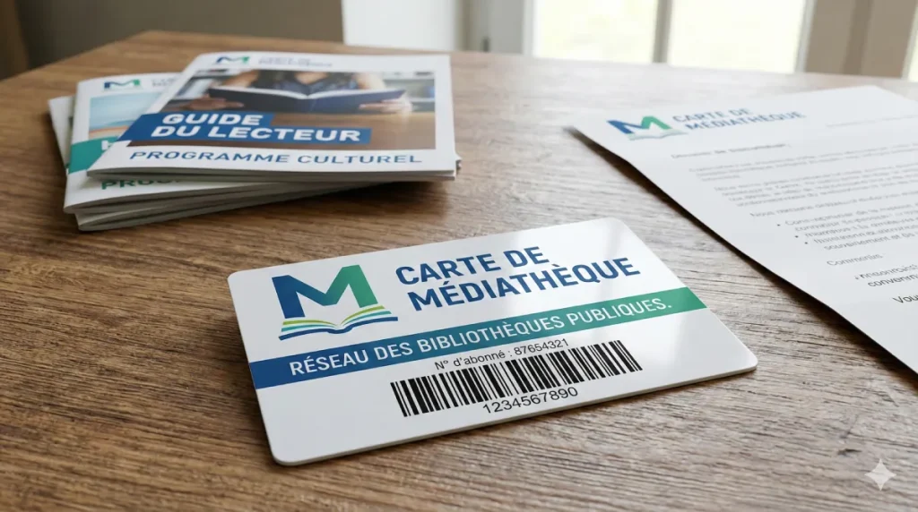 Gros plan sur une carte de lecteur de la Médiathèque André Michaud posée sur un bureau avec documents d'inscription