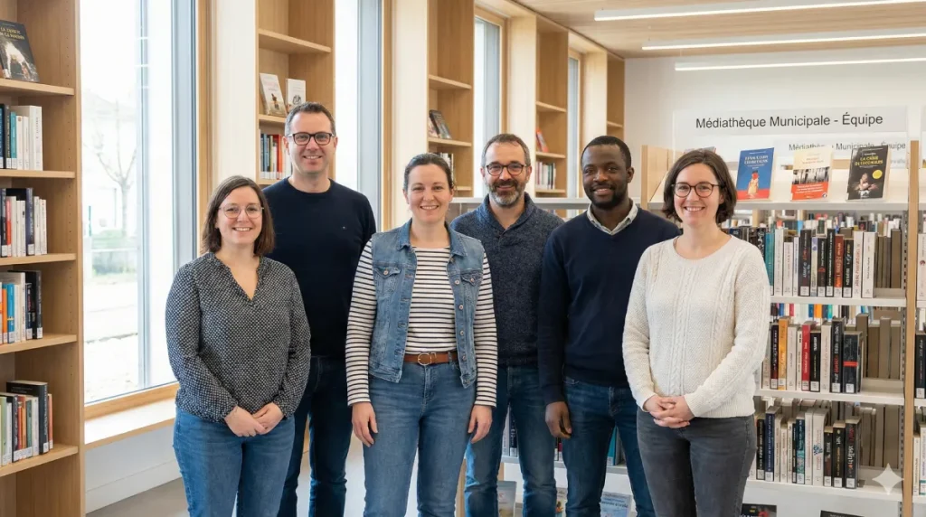 Équipe de six bibliothécaires souriants de la Médiathèque André Michaud posant ensemble dans les rayonnages de la médiathèque