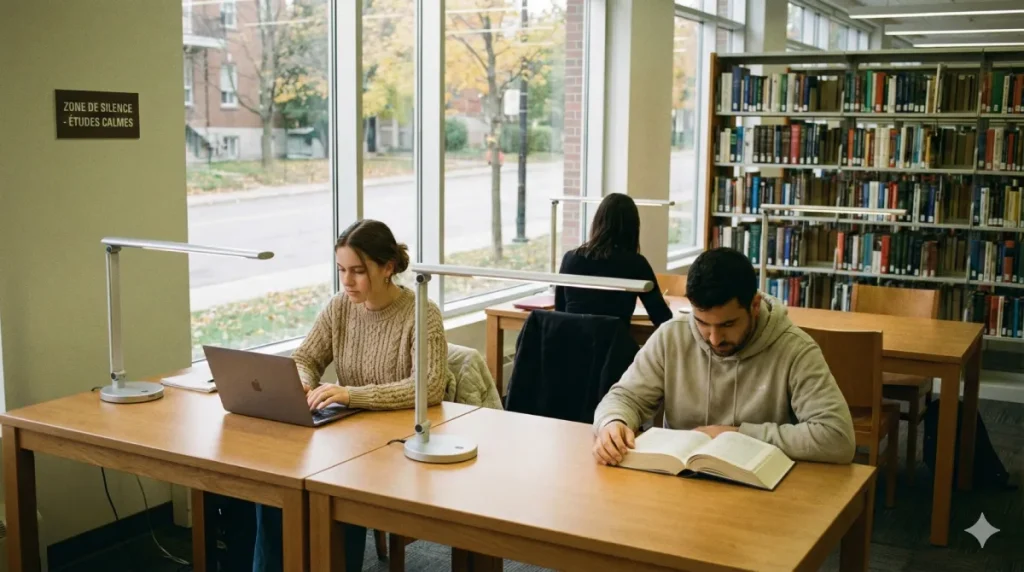 Espace de travail silencieux de la médiathèque avec étudiants concentrés à des bureaux individuels équipés de lampes et prises électriques