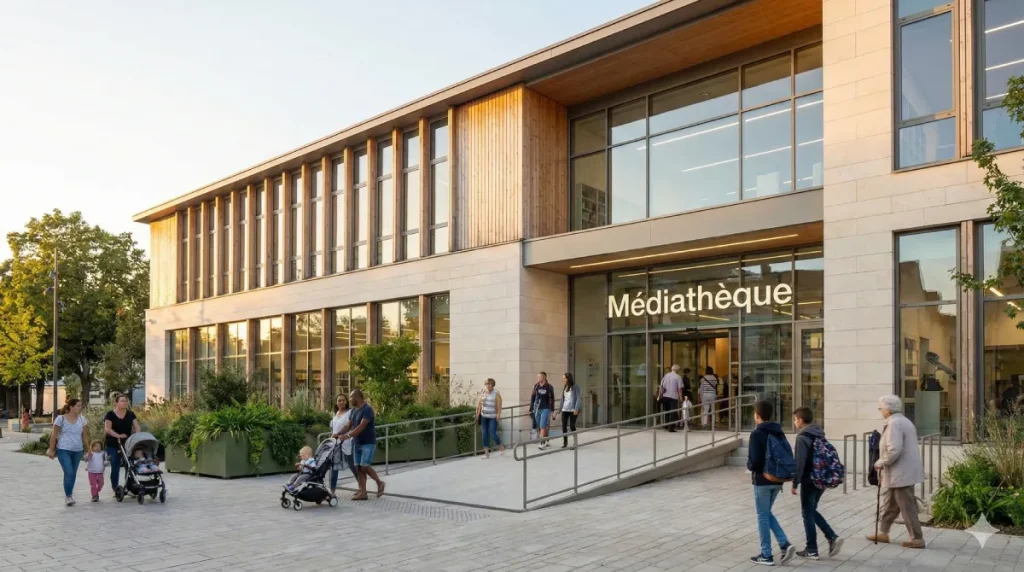 Façade moderne et accueillante de la Médiathèque André Michaud avec des usagers de tous âges entrant et sortant du bâtiment culturel