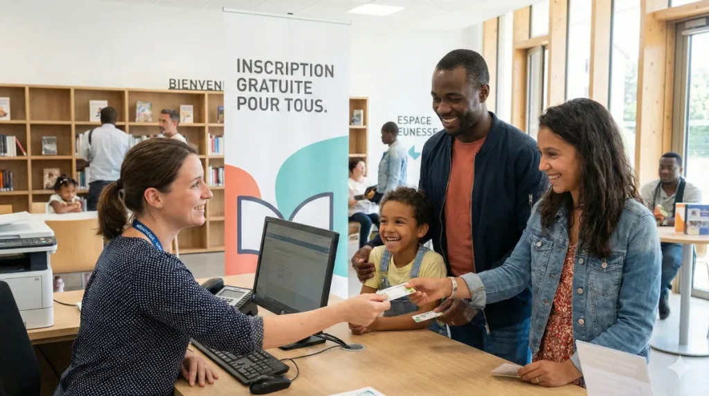 Famille avec enfants s'inscrivant ensemble à la médiathèque, accueillie par une bibliothécaire souriante, illustrant le service gratuit pour tous