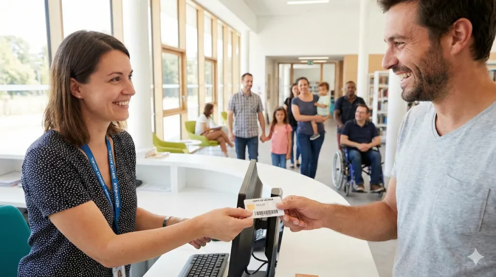 Bibliothécaire remettant avec le sourire une carte de lecteur à un nouvel abonné à l'accueil de la médiathèque, symbolisant l'inscription gratuite et accessible