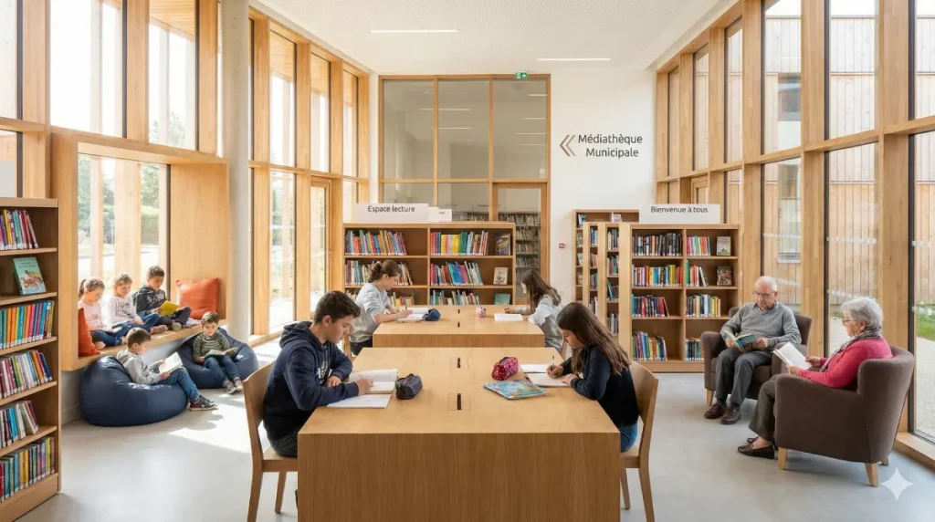 Intérieur lumineux et accueillant de la Médiathèque André Michaud avec des lecteurs de tous âges installés confortablement parmi les rayonnages