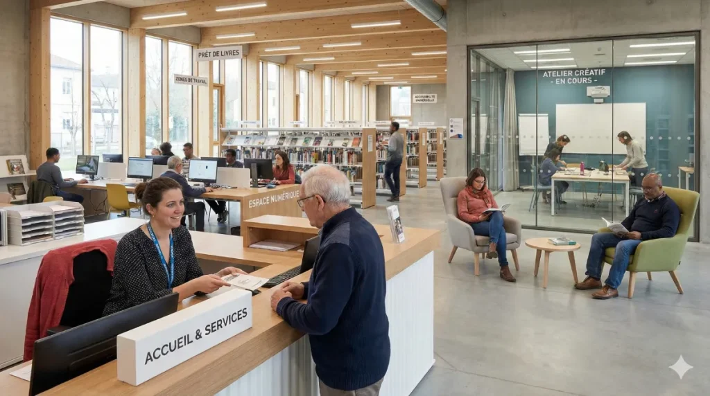 Vue d'ensemble des services de la Médiathèque André Michaud montrant usagers utilisant ordinateurs, lisant et participant à des ateliers avec l'accompagnement de bibliothécaires