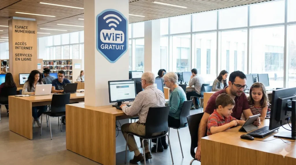 Espace numérique de la médiathèque avec usagers de tous âges utilisant les ordinateurs en libre accès et le wifi gratuit